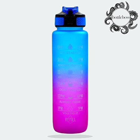 BottleBoss Renk Geçişli Sızdırmaz Kapak Motivasyon Matarası 1 Litre Sticker HEDİYELİ Mavi (BB-89959)
