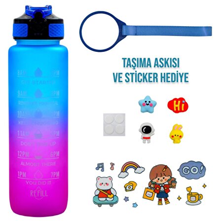 BottleBoss Renk Geçişli Sızdırmaz Kapak Motivasyon Matarası 1 Litre Sticker HEDİYELİ Mavi (BB-89959)