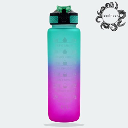 BottleBoss Renk Geçişli Sızdırmaz Kapak Motivasyon Matarası 1 Litre Sticker HEDİYELİ Yeşil (BB-89959)