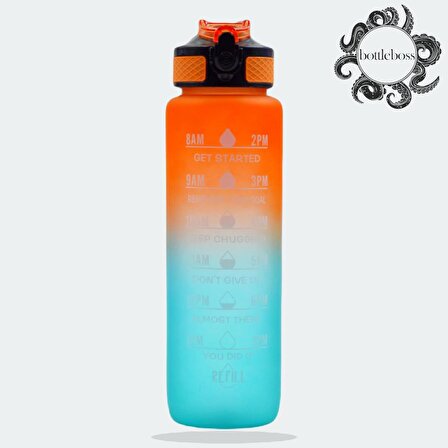 BottleBoss Renk Geçişli Sızdırmaz Kapak Motivasyon Matarası 1 Litre Sticker HEDİYELİ Turuncu (BB-89959)