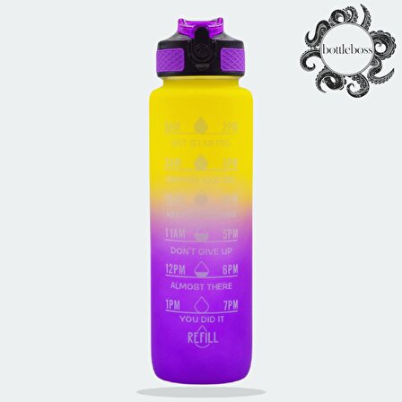 BottleBoss Renk Geçişli Sızdırmaz Kapak Motivasyon Matarası 1 Litre Sticker HEDİYELİ Mor (BB-89959)