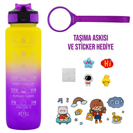 BottleBoss Renk Geçişli Sızdırmaz Kapak Motivasyon Matarası 1 Litre Sticker HEDİYELİ Mor (BB-89959)