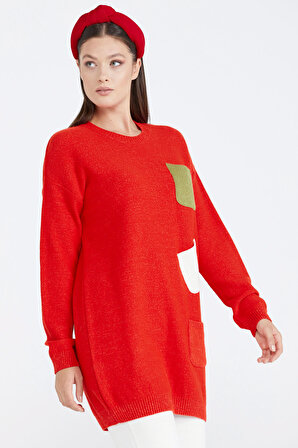 Kadın Renkli Cep Detaylı Triko Tunik  - Kırmızı