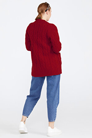 Kadın Saç Örgü Triko Ceket  - Kırmızı