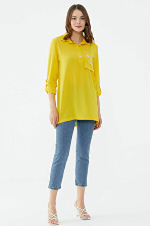 Cep Detaylı Krep Uzun Gömlek  - Sarı