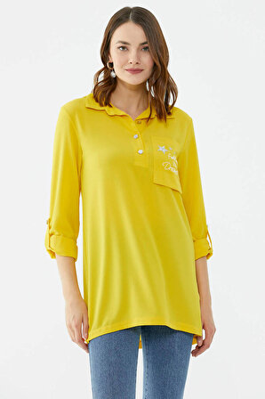 Cep Detaylı Krep Uzun Gömlek  - Sarı