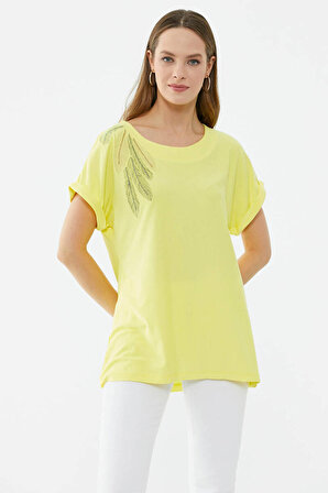 Taş Detaylı Dökümlü Tshirt  - Sarı