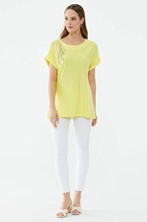 Taş Detaylı Dökümlü Tshirt  - Sarı