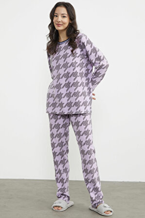 Sıfır Yaka Desenli Polar Pijama Takım - Lila