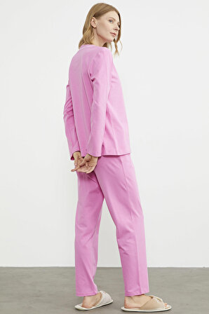 Baskı Detaylı Düz Pijama Takım - Pembe
