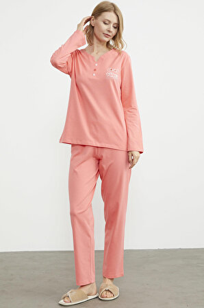 Açık Yaka Düğme Detaylı Pijama Takım - Somon