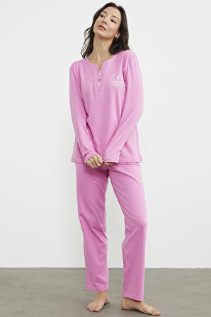 Açık Yaka Düğme Detaylı Pijama Takım - Pembe