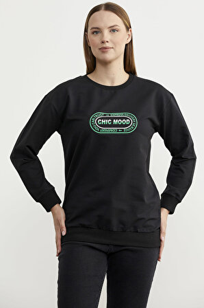 Baskılı Oversize Basic Sweatshirt - Siyah