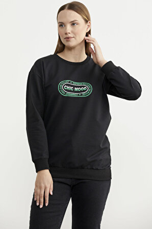 Baskılı Oversize Basic Sweatshirt - Siyah
