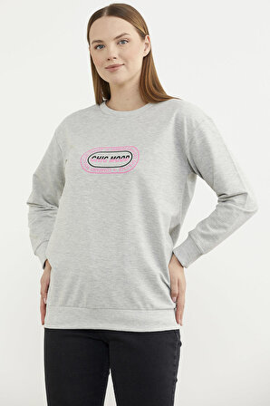 Baskılı Oversize Basic Sweatshirt - Gri