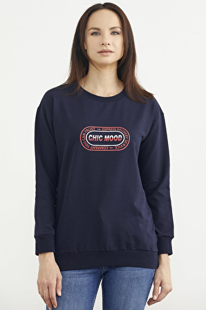 Baskılı Oversize Basic Sweatshirt - Lacivert