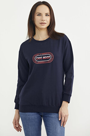 Baskılı Oversize Basic Sweatshirt - Lacivert