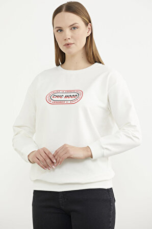 Baskılı Oversize Basic Sweatshirt - Ekru