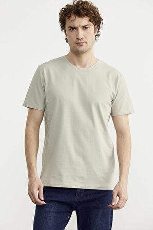 Sıfır Yaka Basic Pamuklu Tişört - Taş