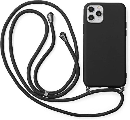 iPhone 13 Pro Max ile uyumlu İpli Boyun Askılı Silikon Kılıf Kadife iç Yüzeyli Epiphany Kılıf Siyah