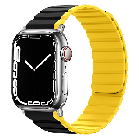 Apple Watch 7 ile uyumlu 45mm Hafif Spor Kayış, Manyetik Toka Infatuation Spor Kayış Siyah-Sarı