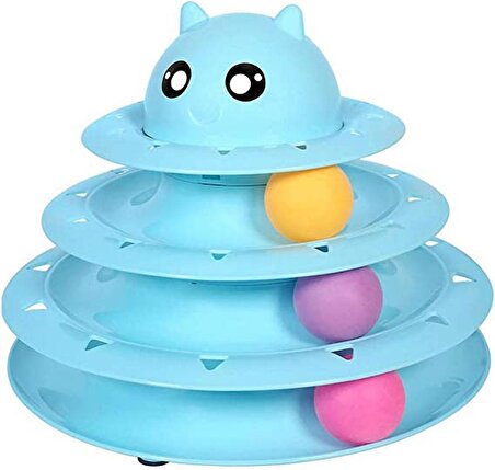 Coverzone Kedi Oyuncağı Top Kulesi 3 Katlı Top Döndürme Oyuncağı Plastik 3 Adet Top Dahil Yavru Kedi Evcil Hayvanlar Mavi