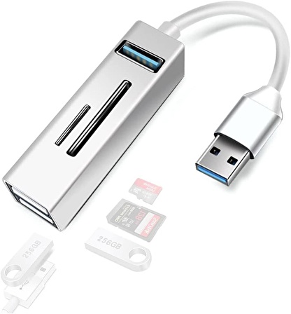 Coverzone Pc Usb Çoklayıcı 3.0 Hub Usb to Usb 5in1 Port Hızlı Aktarım 5Gbps Usb Hafıza Kart Okuyucu PC Bilgisayarlar A803