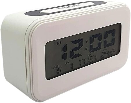 Coverzone Dekoratif Dijital Alarmlı Mini Saat 12/24 Dönüştürme Gece Görüşlü Yatak Başucu Saati Masa Saati Led Ekran Pilli (2XAAA) Çalar Saat Mn1 (BEYAZ)