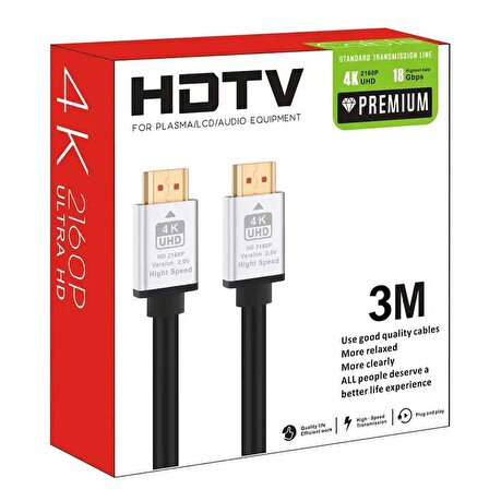 Coverzone Hdmi Kablo 3 Metre 4K HDTV 2160P 18Gbps Premium Altın Kaplama Uç Yüksek Hızlı Aktarım Plasma Lcd Pc Ses Ekipmanları (3 Metre)