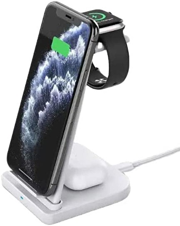 Coverzone Kablosuz Şarj İstasyonu Dock 3in1 iPhone ile Uyumlu Airpods ile Uyumlu Watch ile Uyumlu 15W Hızlı Şarj Aleti BEYAZ