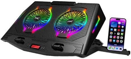 Dizüstü Bilgisayar Laptop Stand Ve Soğutucusu RGB Renkli Oyuncu Laptoplarına Özel 2 Büyük Fanı İle Hızlı Soğutma 2 USB Girişli Fonksiyonel Çok Amaçlı Telefon Tutucu Özellikli