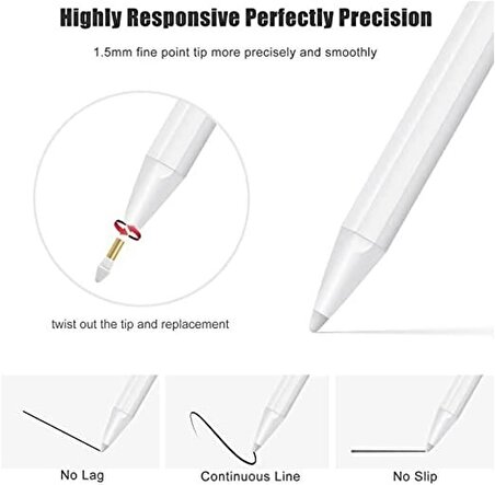 iPad 5. Jenerasyon ile Uyumlu ve Üstü Modeller 2018-2022 Profesyonel Dokunmatik Kalem Avuç İçi Reddetme Eğim Algılamalı Aktif Kapasitif Yedek Uçlu Palm Rejection Stylus Pen Alp5
