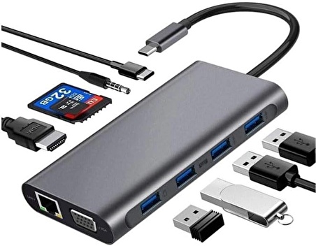 Coverzone Type-C To HDMI Adaptör 11 In 1 Dört USB 3.0 Bağlantı Noktası 4K HDMI VGA Type C PD USB3.0 RJ45 Ethernet SD TF Kart Okuyucu 3.5mm AUX MacBook Pro Air Uyumlu