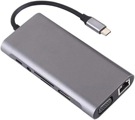 Coverzone Type-C To HDMI Adaptör 11 In 1 Dört USB 3.0 Bağlantı Noktası 4K HDMI VGA Type C PD USB3.0 RJ45 Ethernet SD TF Kart Okuyucu 3.5mm AUX MacBook Pro Air Uyumlu