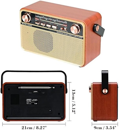 Coverzone Retro Radyo Taşınabilir Bluetooth Speaker Ve Hoparlör Klasik Antika Tarzı İç ve Dış Mekan Multiband USB Girişli Dekoratif Klasik Radyo CV-5050