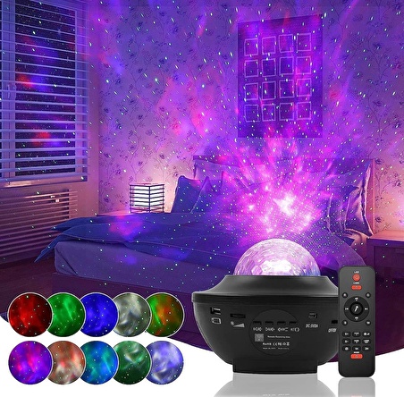 Coverzone Galaksi Gökyüzü ve Yıldızları Yansıtan Projektörü Gece Lambası Hoparlör Özellikli LED RGB Işıklı Uzaktan Kumandalı 3 Farklı Aydınlık Seviyesi Telefon ile Bluetooth Bağlantı 13cm x 16cm SP17