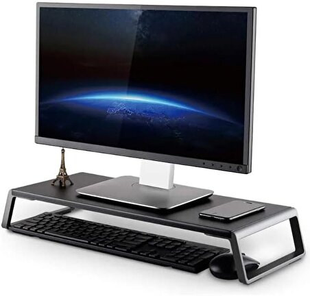 Coverzone Metal Ayaklı Şık Ahşap Laptop Dizüstü Monitör Standı iMac TV LCD Ekran Yazıcısı için Monitör Yükseltici Standı Stand Altında 4 Adet USB Laptop Tutucu 2 Farklı Renk Seçeneği ZR488 (Siyah)