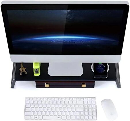 Coverzone Metal Ayaklı Şık Ahşap Laptop Dizüstü Monitör Standı iMac TV LCD Ekran Yazıcısı için Monitör Yükseltici Standı Stand Altında 4 Adet USB Laptop Tutucu 2 Farklı Renk Seçeneği ZR488 (Siyah)
