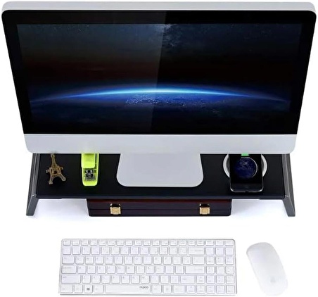 Coverzone Metal Ayaklı Şık Ahşap Laptop Dizüstü Monitör Standı iMac TV LCD Ekran Yazıcısı için Monitör Yükseltici Standı Stand Altında 4 Adet USB Laptop Tutucu 2 Renk Seçeneği ZR488 (Kahverengi)