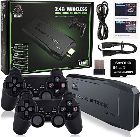 Coverzone Retro Game Stick M8 64GB USB Nostalji PC Oyunları Kablosuz Retro Konsol 10000 Oyun ve 2 Bluetooth Joystick Retro Tv Oyun Konsolu 4K HDMI Uyumlu Video Oyun Çubuk K50