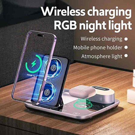 Coverzone Masaüstü Şarj Stand ve Kit 4 in 1 Uyumlu Telefonunuzu Kablosuz Şarj Ederken Stand Olarak Kullanın Kulaklık ve Akıllı Saat Şarj Multi Fonksiyonel RGB Işıklı Wireless Charger FR12