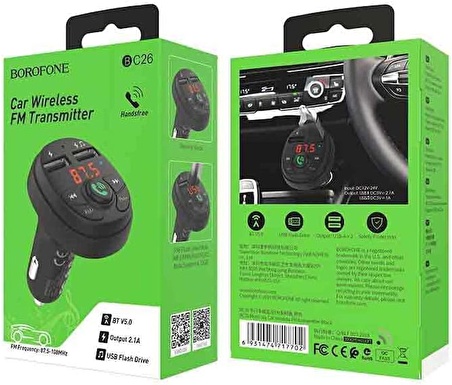 Araba ve Araç Fm Transmitter Bluetooth Bağlantısı ile Telefon Çağrı Yanıtlama Müzik ve Mp3 Bağlantısı Telefon Tablet GPS Çift Usb Çakmaklık Şarj Cihazı C26