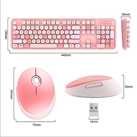 Mofii Kablosuz Klavye Ve Mouse Set Bluetooth 104 Tuşlu Pc Notebook Uyumlu Klayve ve Fare 136mm x 445mm ZR513 (Pembe)