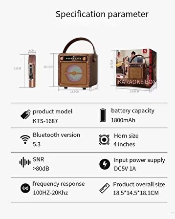 Coverzone Taşınabilir Karaoke Hoparlörü FM Radyo Kablosuz Mikrofon Boombox Açık RGB Bluetooth Hoparlör Subwoofer 3 Farklı Ses Tonu Alkış ve Şaşırma Efekti Fonksiyonu 18x14x14 cm Mini Boy 1687-KT
