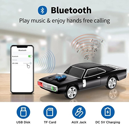 Coverzone Kablosuz Hoparlör Bluetooth Retro Ride Bluetooth Klasik Araba Görünümlü Hoparlör ve FM Radyo Ofis Ev için USB SD AUX Girişli Benzersiz Tasarım WS-1968 (Siyah)