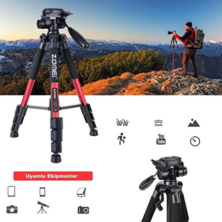 Zomei Q111 Kamera Cep Telefonu Alüminyum Alaşım Seyahat Tripodu Hafif Kamera Üç Ayaklı 3 Yönlü Döner Başlık Hızlı Değiştirme Plakası Cep Telefonu Tutucu ve Çanta 47 – 140 cm Kırmızı Renk