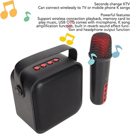 Coverzone Kablosuz Mikrofonlu Karaoke Makinesi Taşınabilir Bluetooth Hoparlör Seti Retro Karaoke Hoparlör Yetişkinler Çocuklar İçin Hafıza Kartı ve USB OTG Desteği 10 x 10 x 6 cmY2 (Siyah)