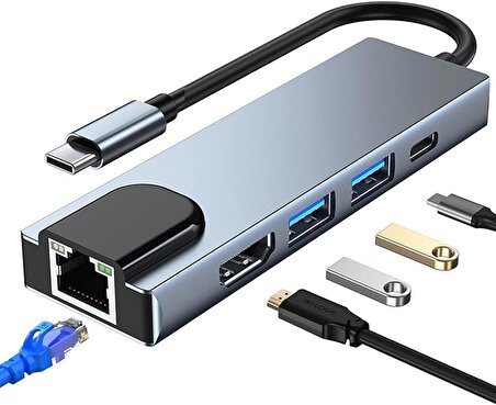 Coverzone Type-c Hub Ethernet Hdmi Usb 100/1000 Mbps (1 gigabit) Aktarım Hızı USB C HUB 5 in 1 USB Çoğaltıcı Hub C RJ45+ 4K HDMI uyumlu + 2 USB + 87W PD Adaptörü Macbook iPhone 15 Uyumlu SW51