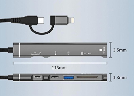 Coverzone Type-C ve lightning Uçlu Değiştirilebilir Başlık iPhone 15 Uyumlu SD Kart TF Kart Micro SD Kart Okuyucu USB 3.0 Girişli Tak Çalıştır ZR563