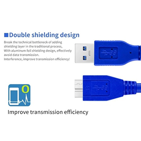 Coverzone USB to Micro B 3.0 Kablo 1 Metre Mavi Renk Hızlı Veri Aktarım Kablosu Micro B Harici Harddisk Kablosu